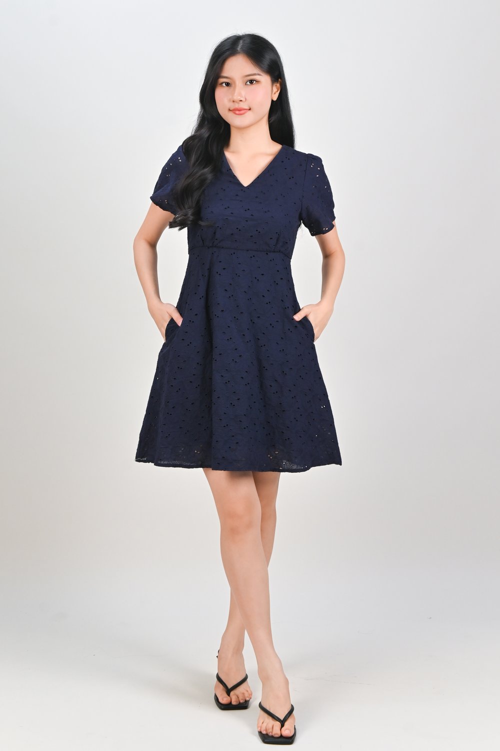 WYUNA EYELET HIGH-WAIST SHORT DRESS IN NAVY