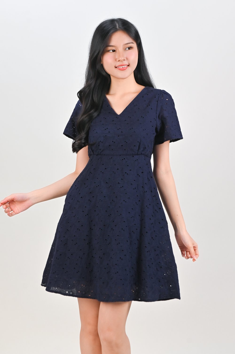 WYUNA EYELET HIGH-WAIST SHORT DRESS IN NAVY