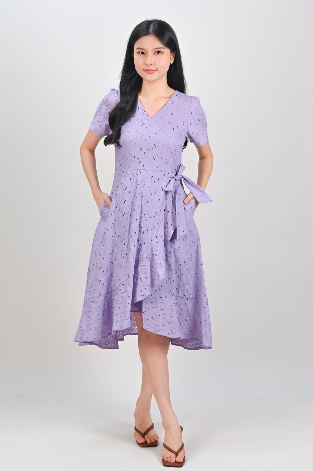 KIRRA EYELET SLEEVED RUFFLE DRESS IN LILAC