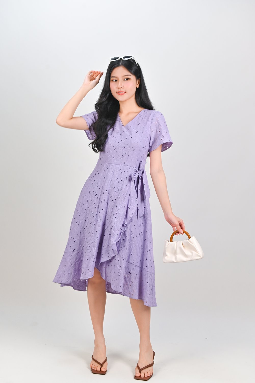 KIRRA EYELET SLEEVED RUFFLE DRESS IN LILAC