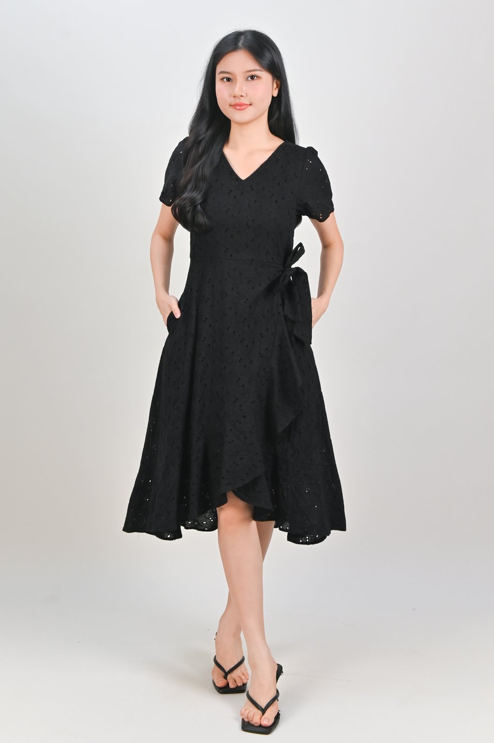 KIRRA EYELET SLEEVED RUFFLE DRESS IN BLACK