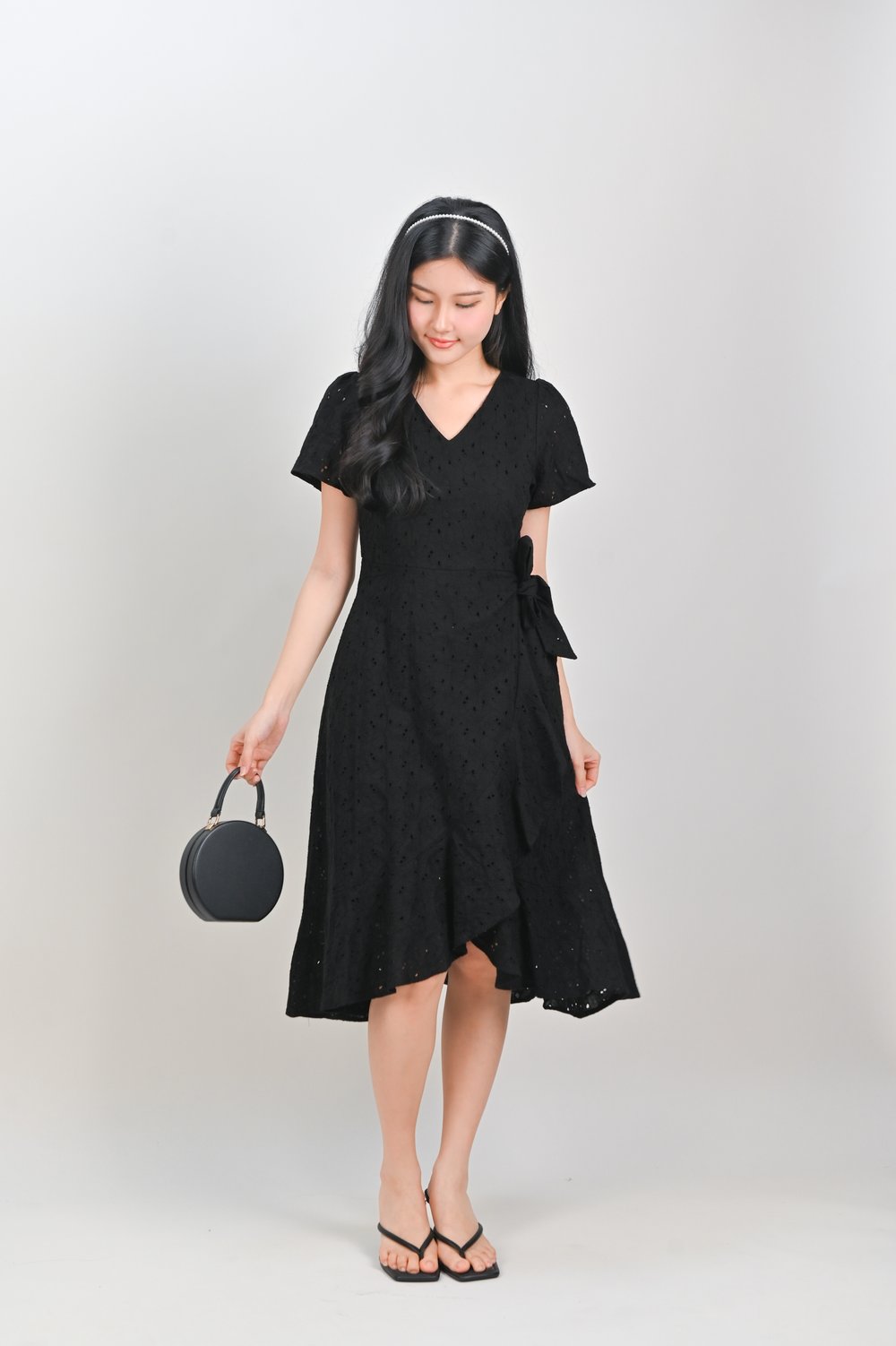 KIRRA EYELET SLEEVED RUFFLE DRESS IN BLACK