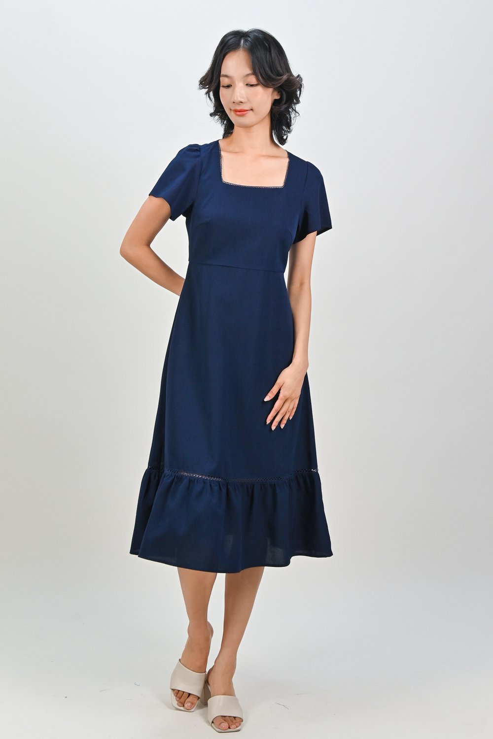 JYNDAL SQUARE-NECK LACE-TRIM DRESS IN NAVY