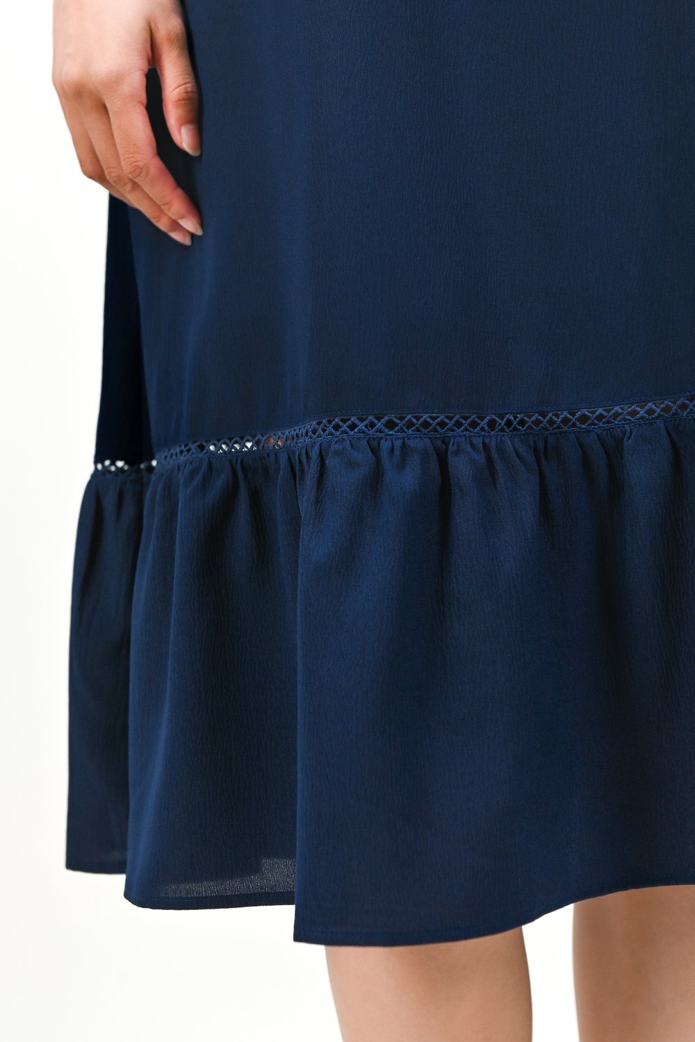 JYNDAL SQUARE-NECK LACE-TRIM DRESS IN NAVY