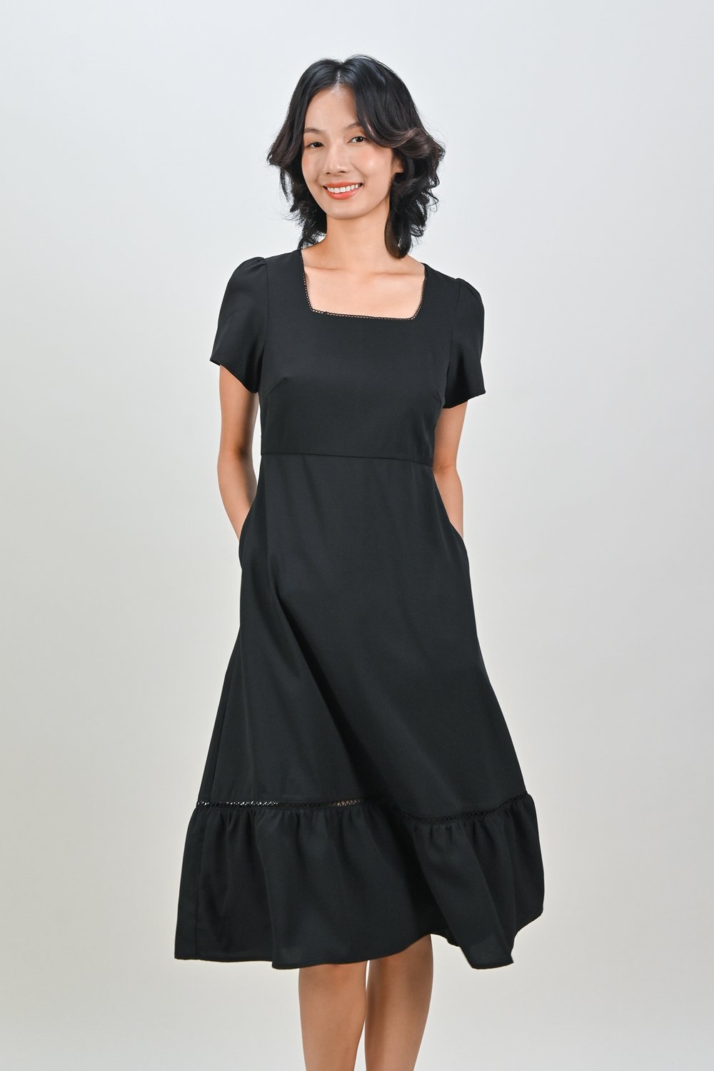 JYNDAL SQUARE-NECK LACE-TRIM DRESS IN BLACK