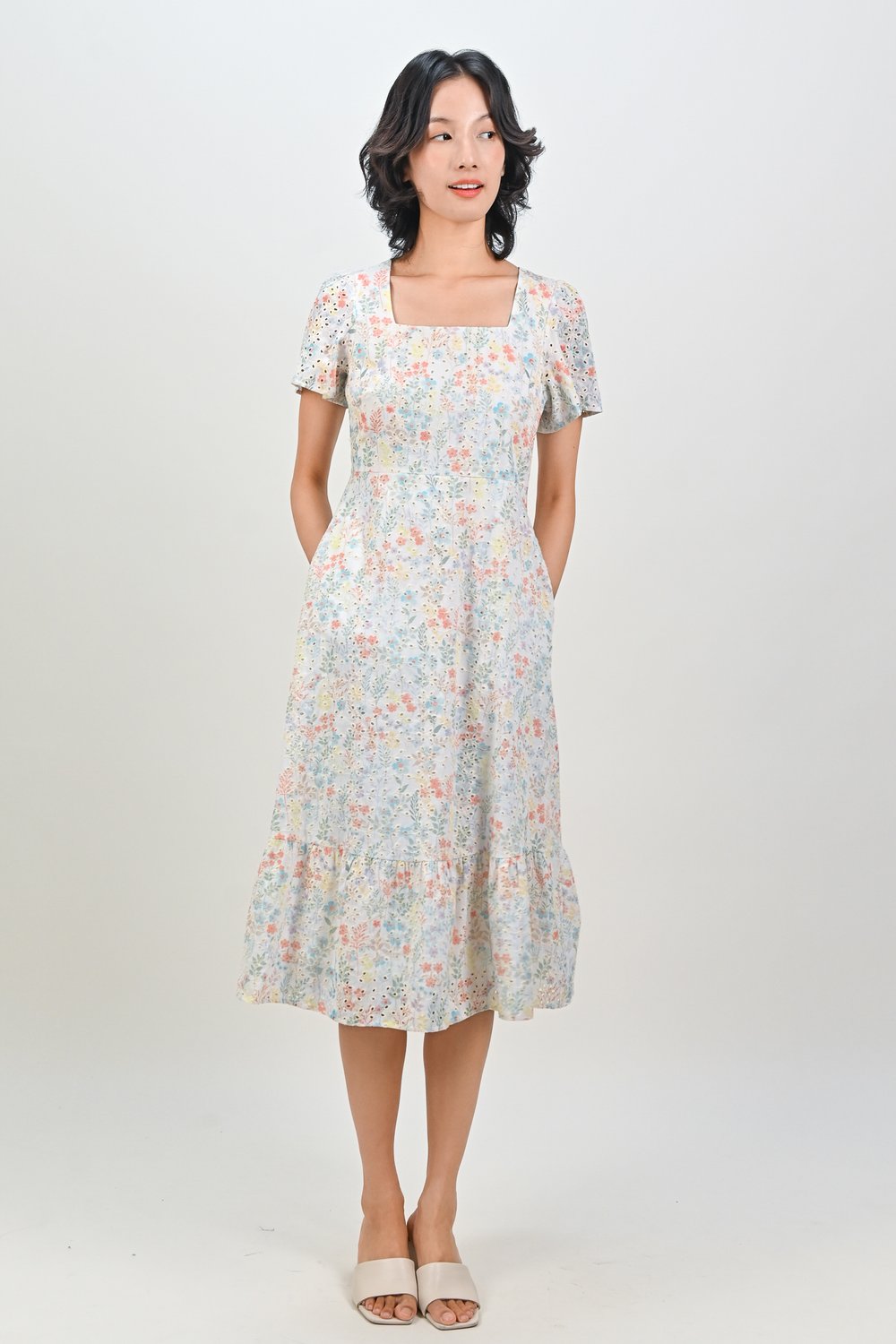 CAELYN EYELET FLORAL SQUARE-NECK SLEEVED DRESS