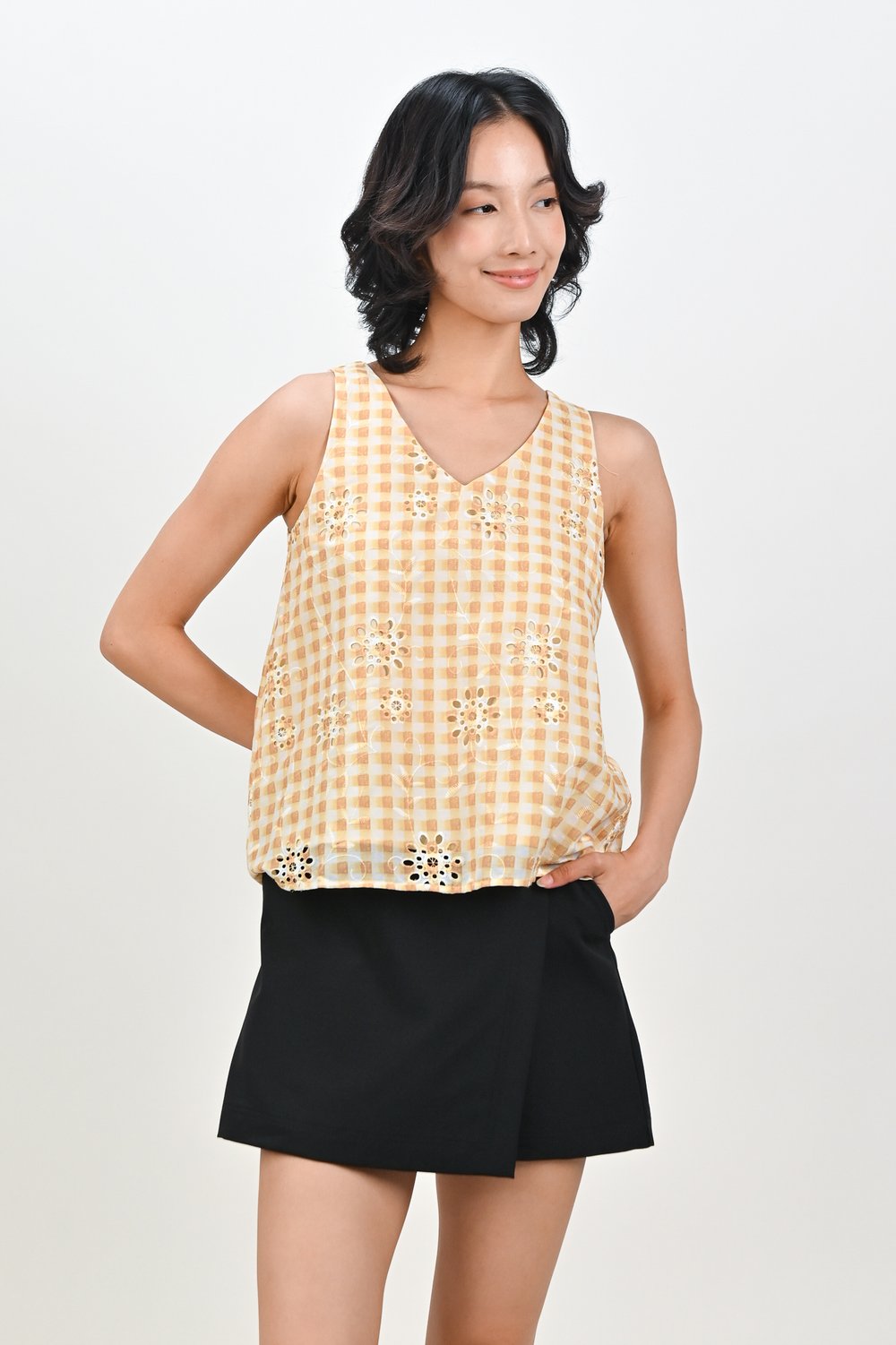 KIRALII GINGHAM EYELET TWO-WAY TOP IN YELLOW