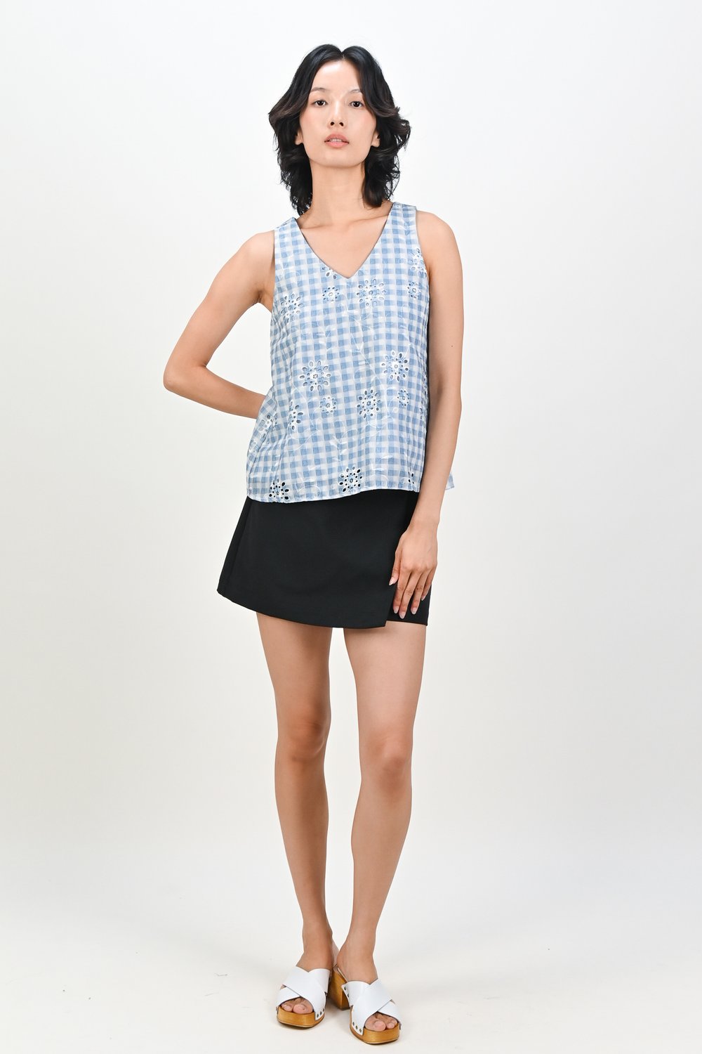 KIRALII GINGHAM EYELET TWO-WAY TOP IN BLUE