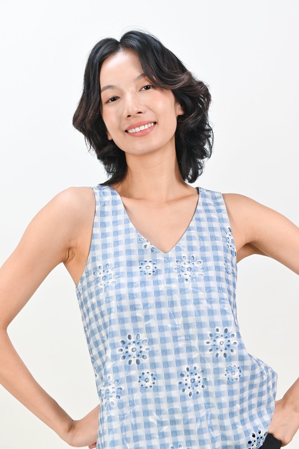 KIRALII GINGHAM EYELET TWO-WAY TOP IN BLUE