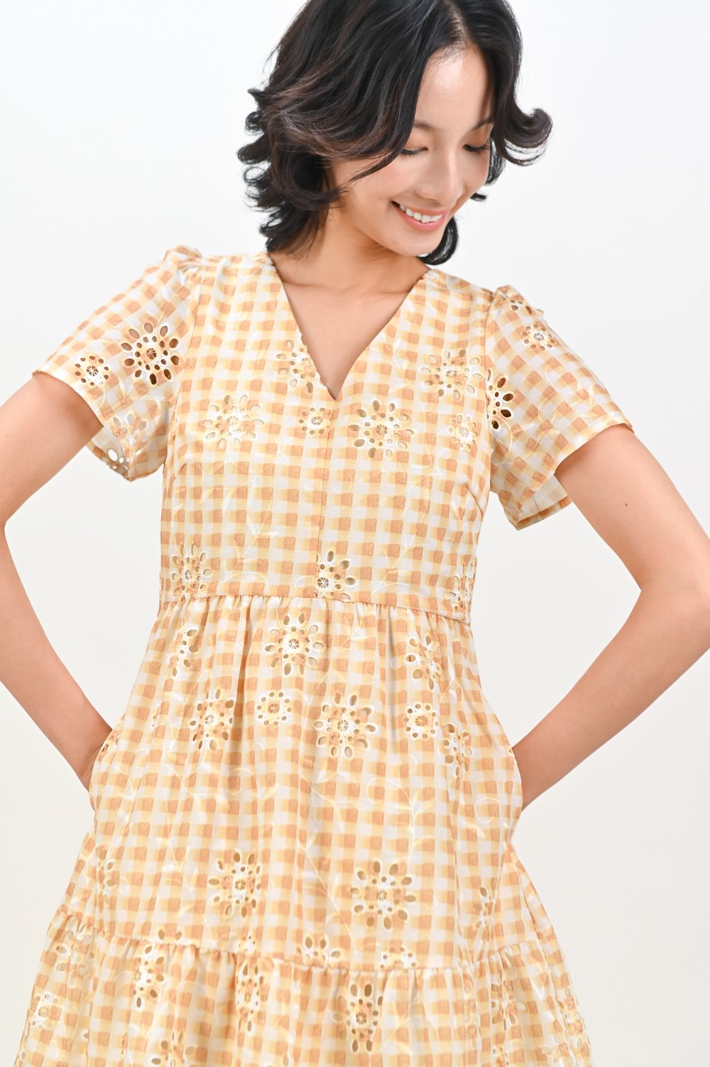 MAVELLE GINGHAM EYELET SLEEVED FLOUNCE DRESS IN YELLOW