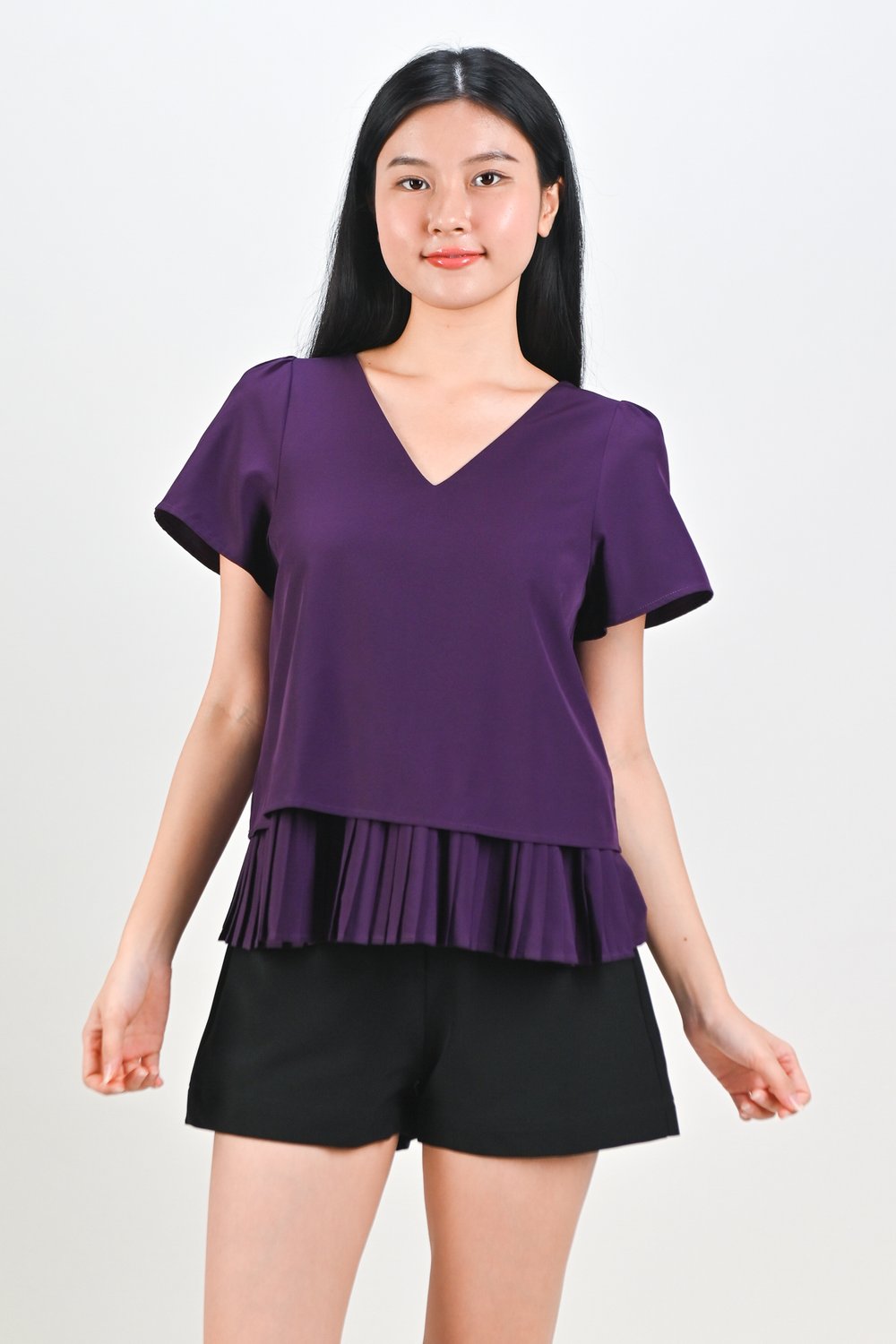 MIRI SLEEVED PLEATED-LAYER TOP IN PURPLE