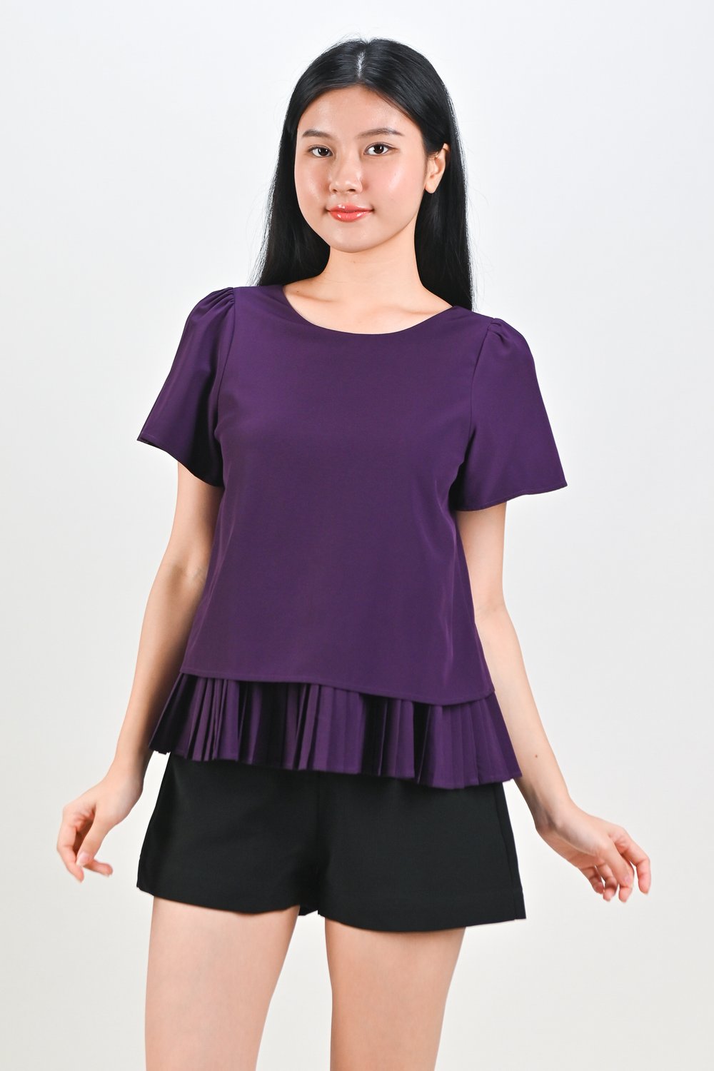MIRI SLEEVED PLEATED-LAYER TOP IN PURPLE