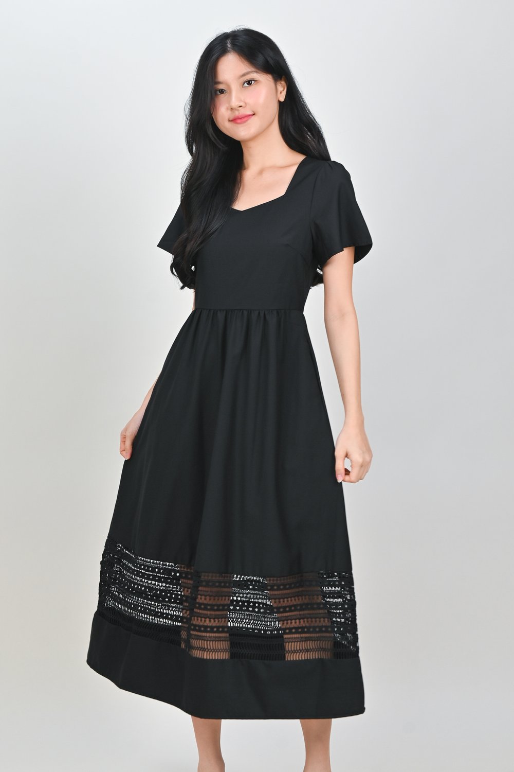 INEZ LACE-INSERT SLEEVED MIDI DRESS IN BLACK