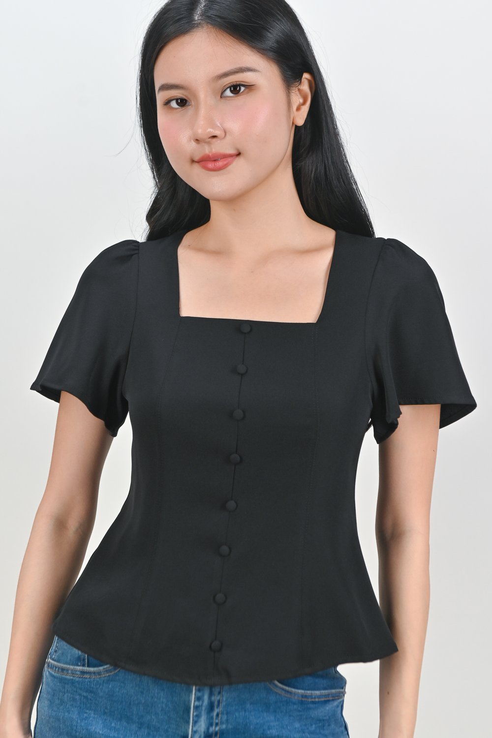 ADALYA SLEEVED SQUARE-NECK PEPLUM TOP IN BLACK