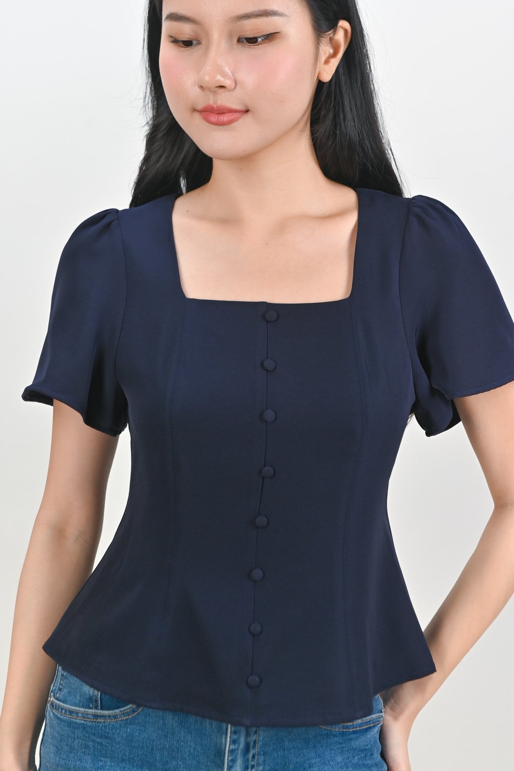 ADALYA SLEEVED SQUARE-NECK PEPLUM TOP IN NAVY