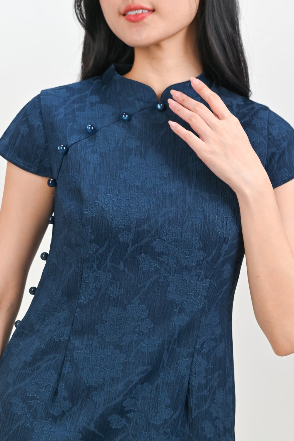 YUEYUE DARK BLUE CAP-SLEEVED CHEONGSAM DRESS