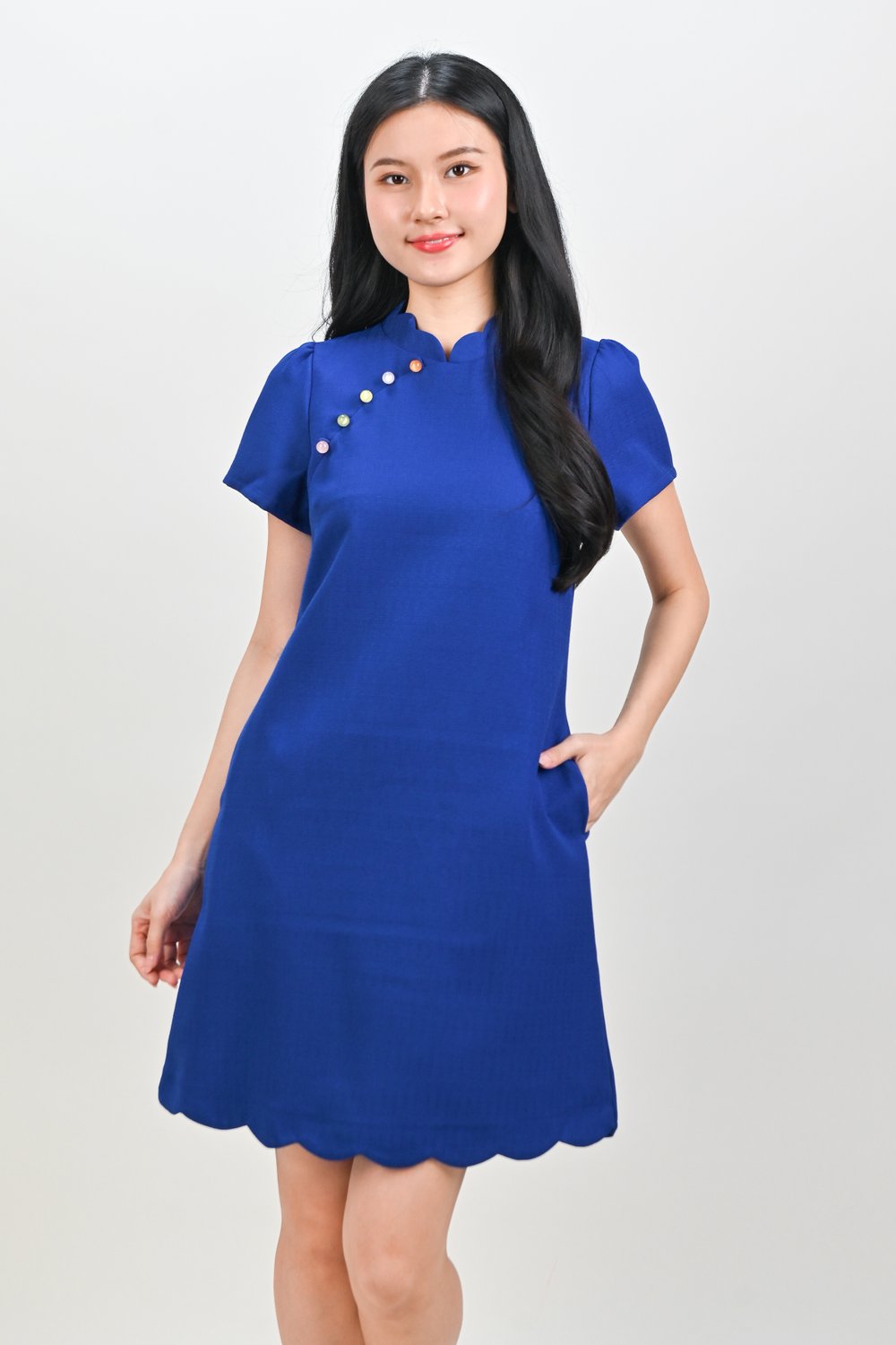 YANLI SLEEVED SCALLOP CHEONGSAM DRESS IN COBALT BLUE