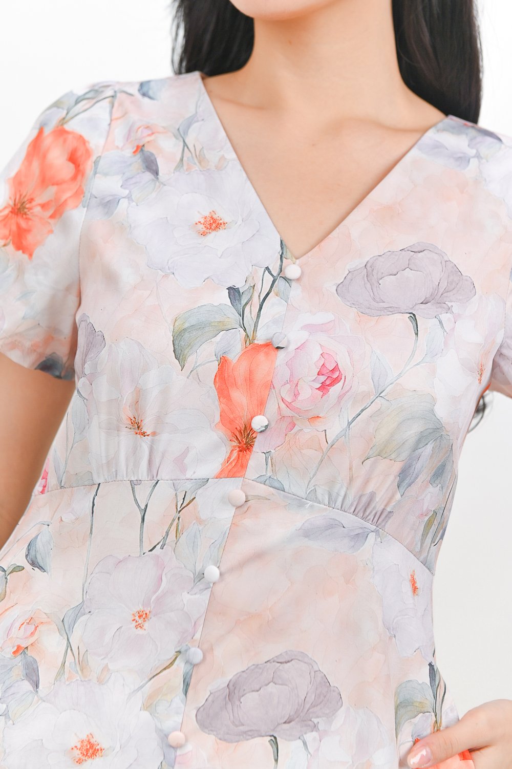 LEOCADIA SLEEVED BUTTON MIDI DRESS IN PINK FLORAL