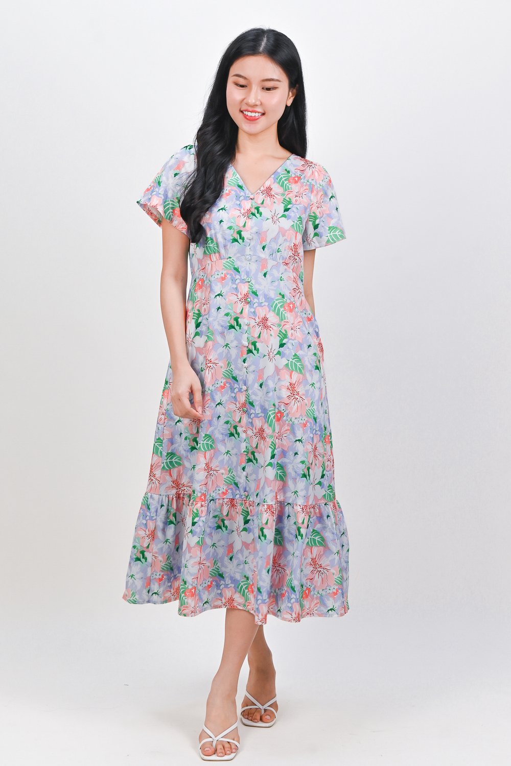 LEOCADIA SLEEVED BUTTON MIDI DRESS IN LILAC FLORAL