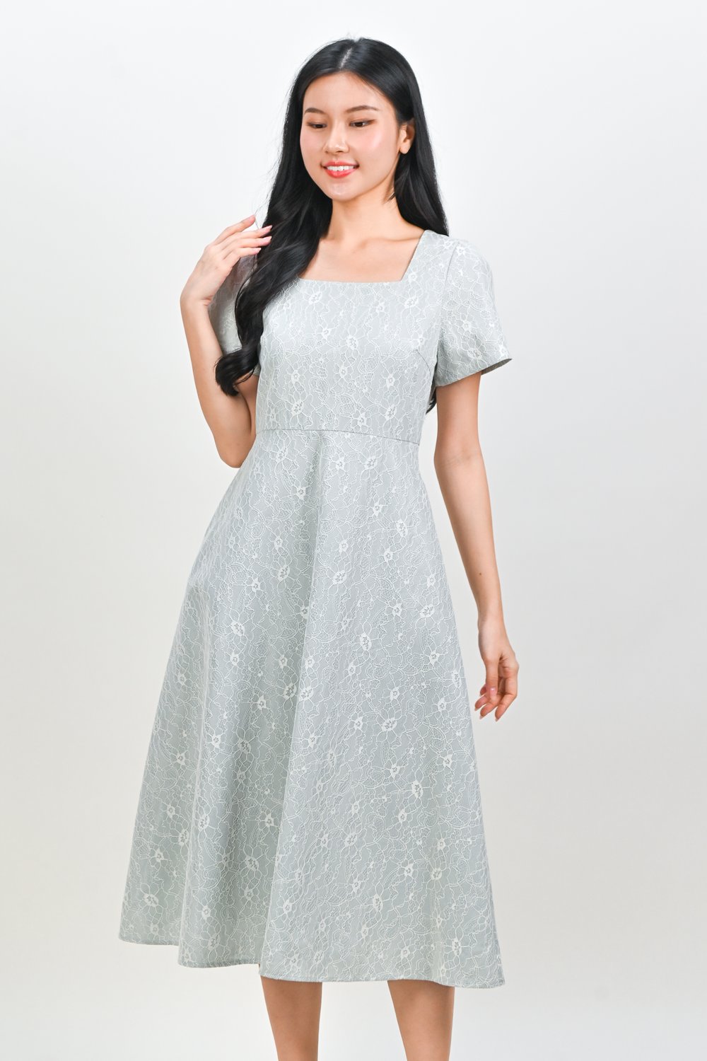 ALOUETTE LACE-PRESSED SQUARE-NECK DRESS IN GREEN