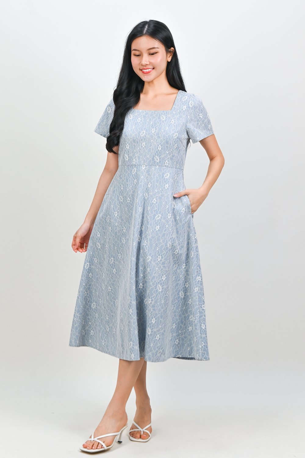 ALOUETTE LACE-PRESSED SQUARE-NECK DRESS IN BLUE