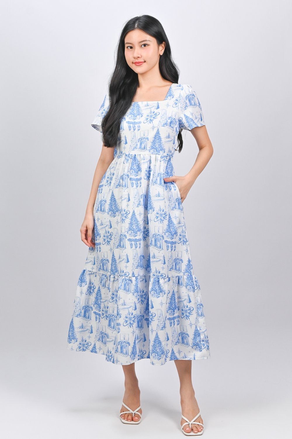 JINGLE JOY SQUARE-NECK SLEEVED MIDAXI DRESS IN BLUE