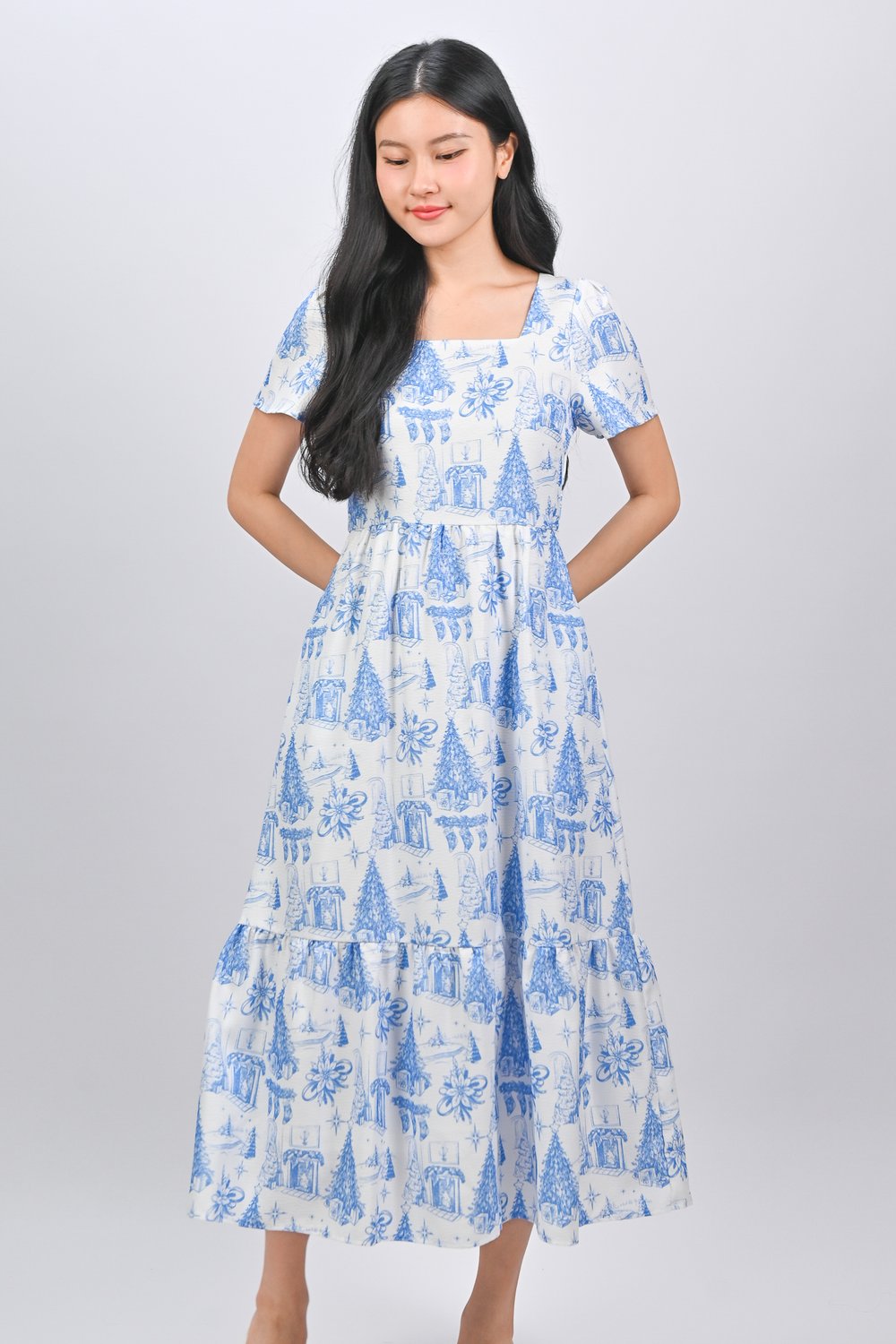 JINGLE JOY SQUARE-NECK SLEEVED MIDAXI DRESS IN BLUE