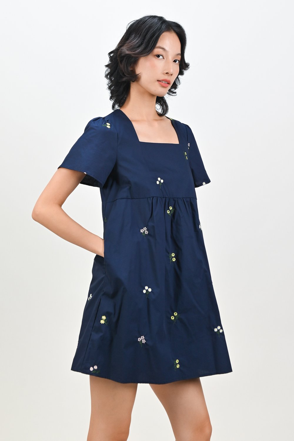 BELLARA NAVY EMB. FLOWERS BABYDOLL DRESS