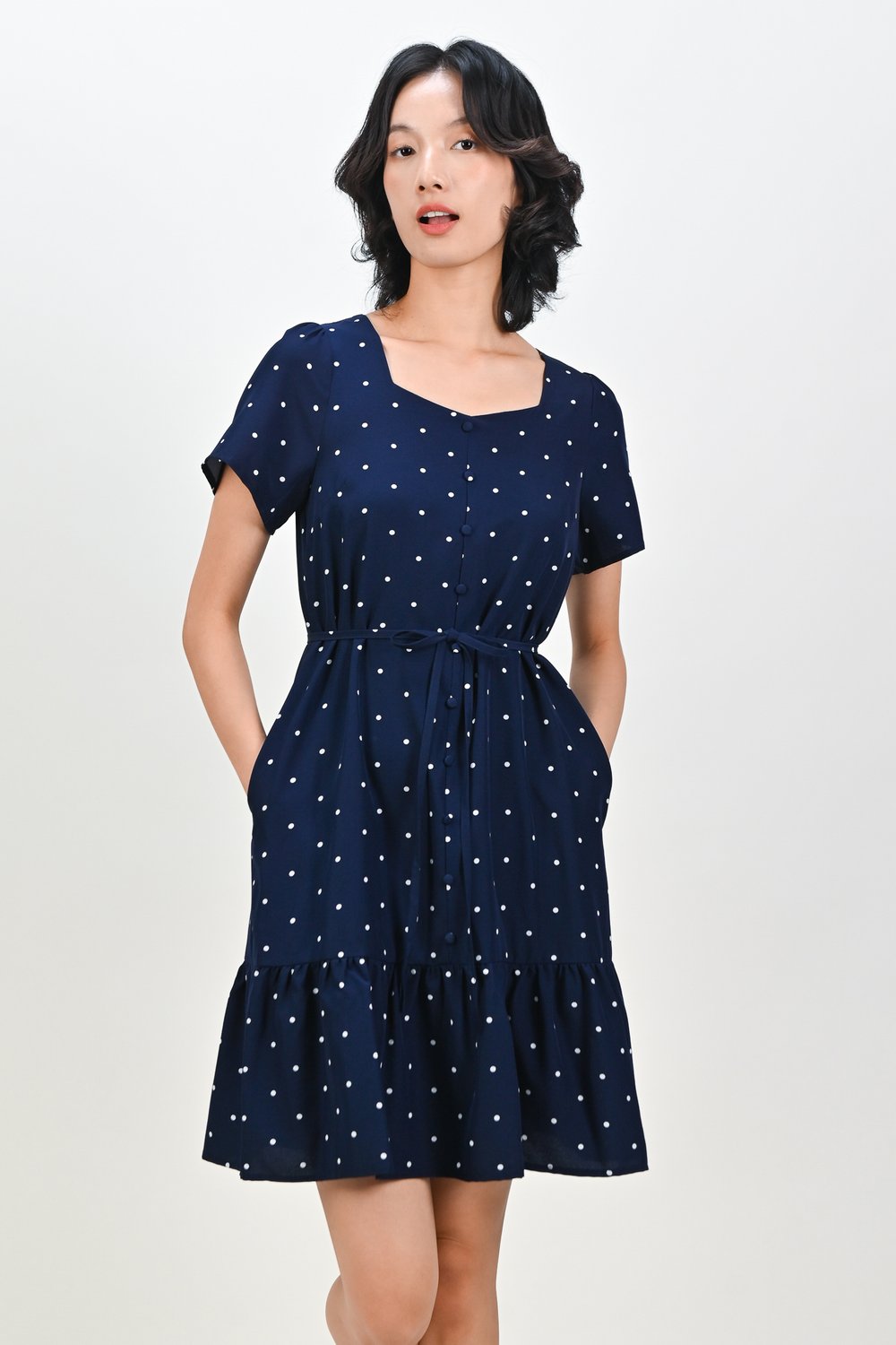 TALLARA POLKA SLEEVED BUTTON DRESS IN NAVY
