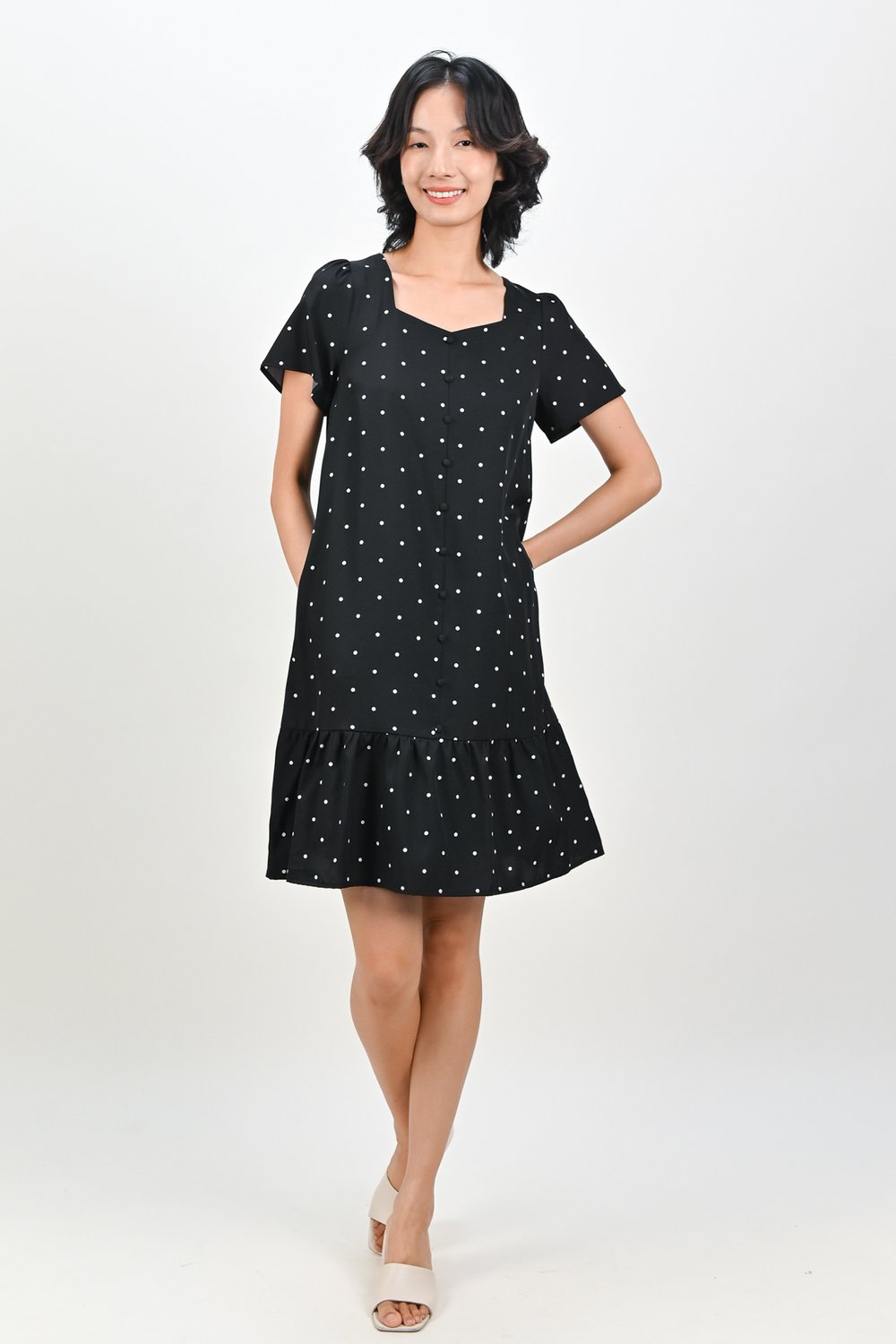 TALLARA POLKA SLEEVED BUTTON DRESS IN BLACK