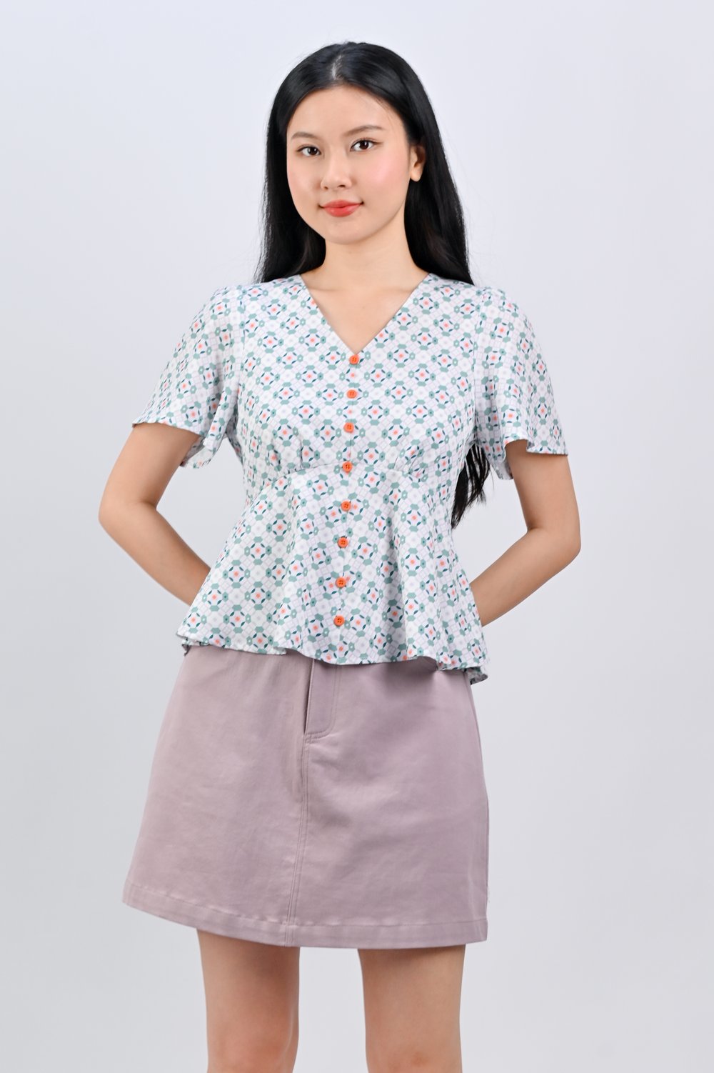 WHITE JADE SLEEVED PEPLUM TOP