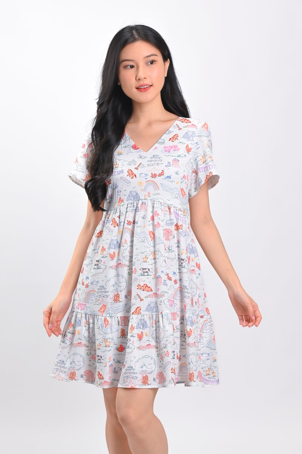 ZODIAC FARM V-NECK CURVED-WAIST FLOUNCE DRESS