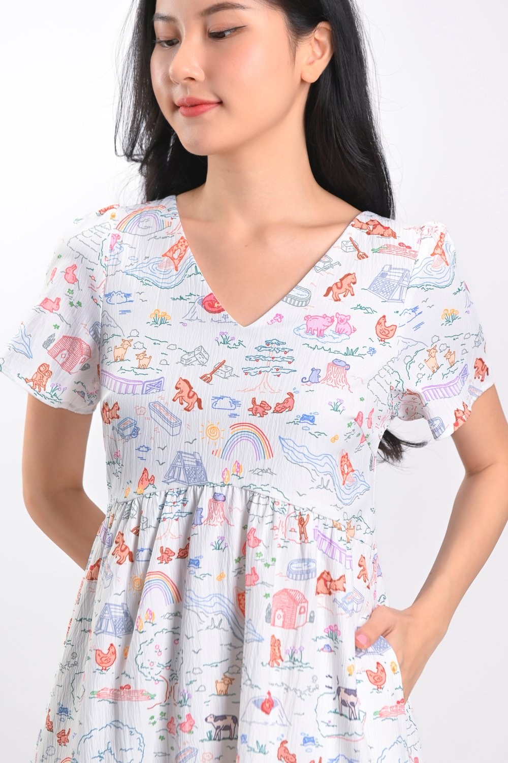 ZODIAC FARM V-NECK CURVED-WAIST FLOUNCE DRESS