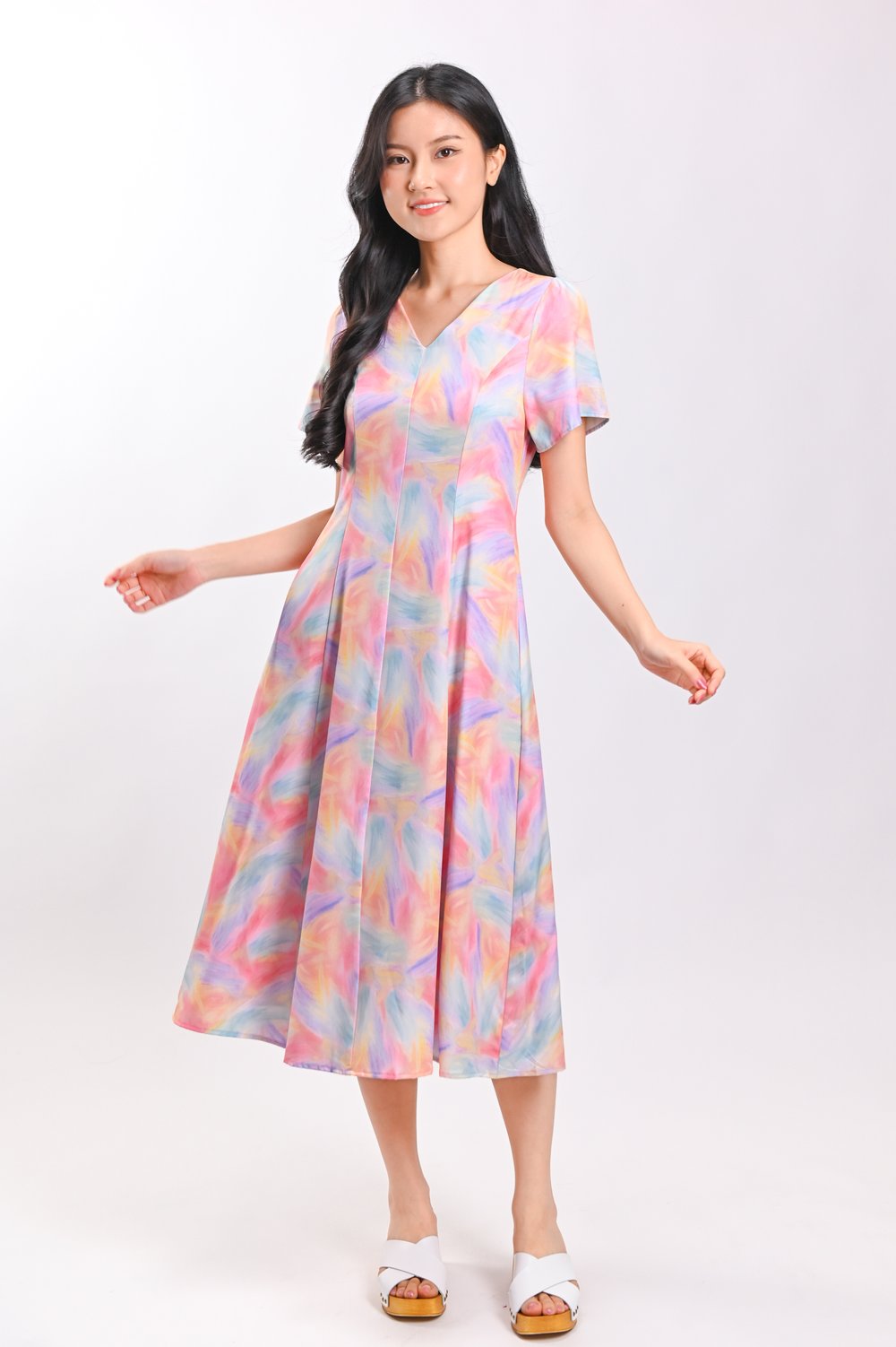 RAINBOW DUST V-NECK SLEEVED PANELLED DRESS