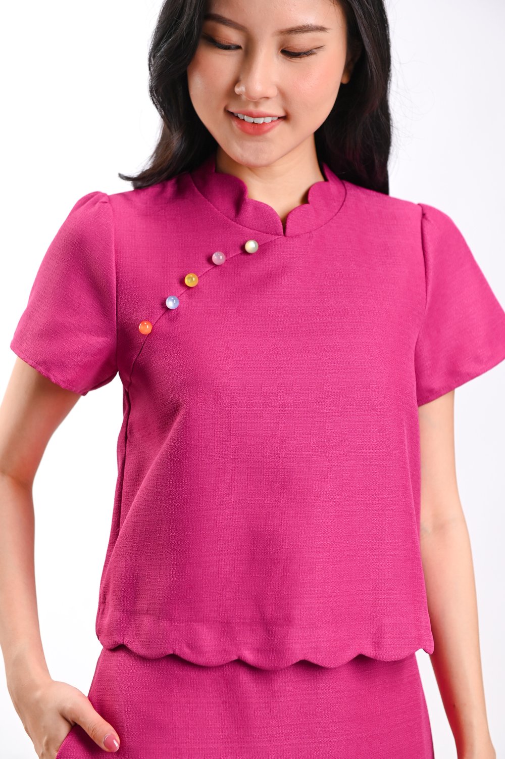 HUIMIN SCALLOP CHEONGSAM TOP IN PINK