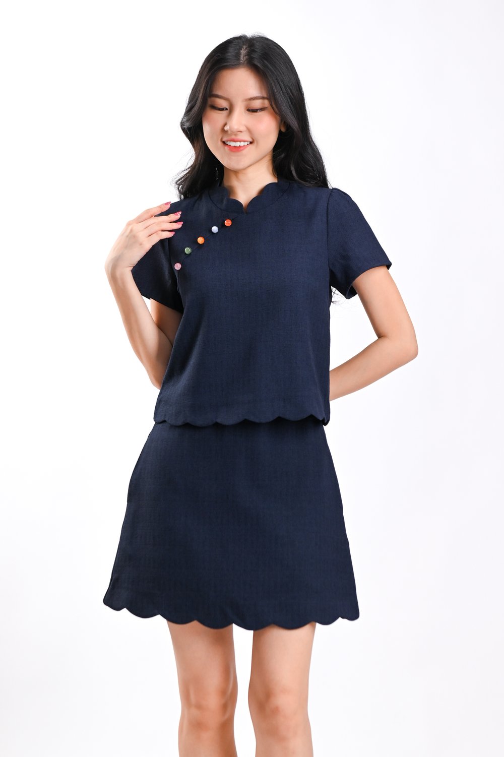 HUIMIN SCALLOP CHEONGSAM TOP IN NAVY