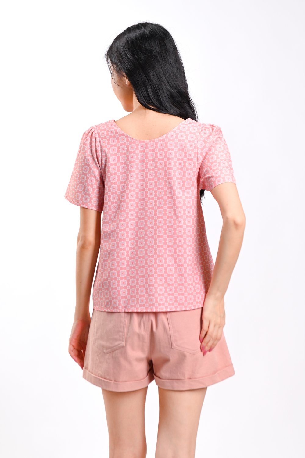 PINK PETITE PETALS SLEEVED BUTTON TOP