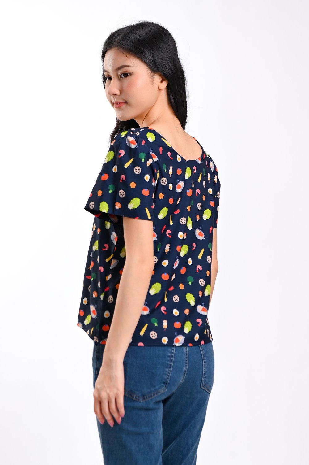SOUPER HUAT NAVY SLEEVED BUTTON TOP