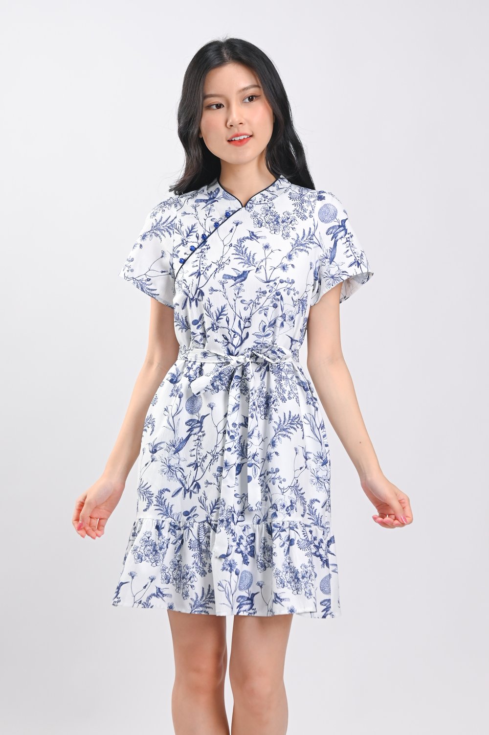 NAVY HUMMINGBIRD SLEEVED FLOUNCE CHEONGSAM DRESS