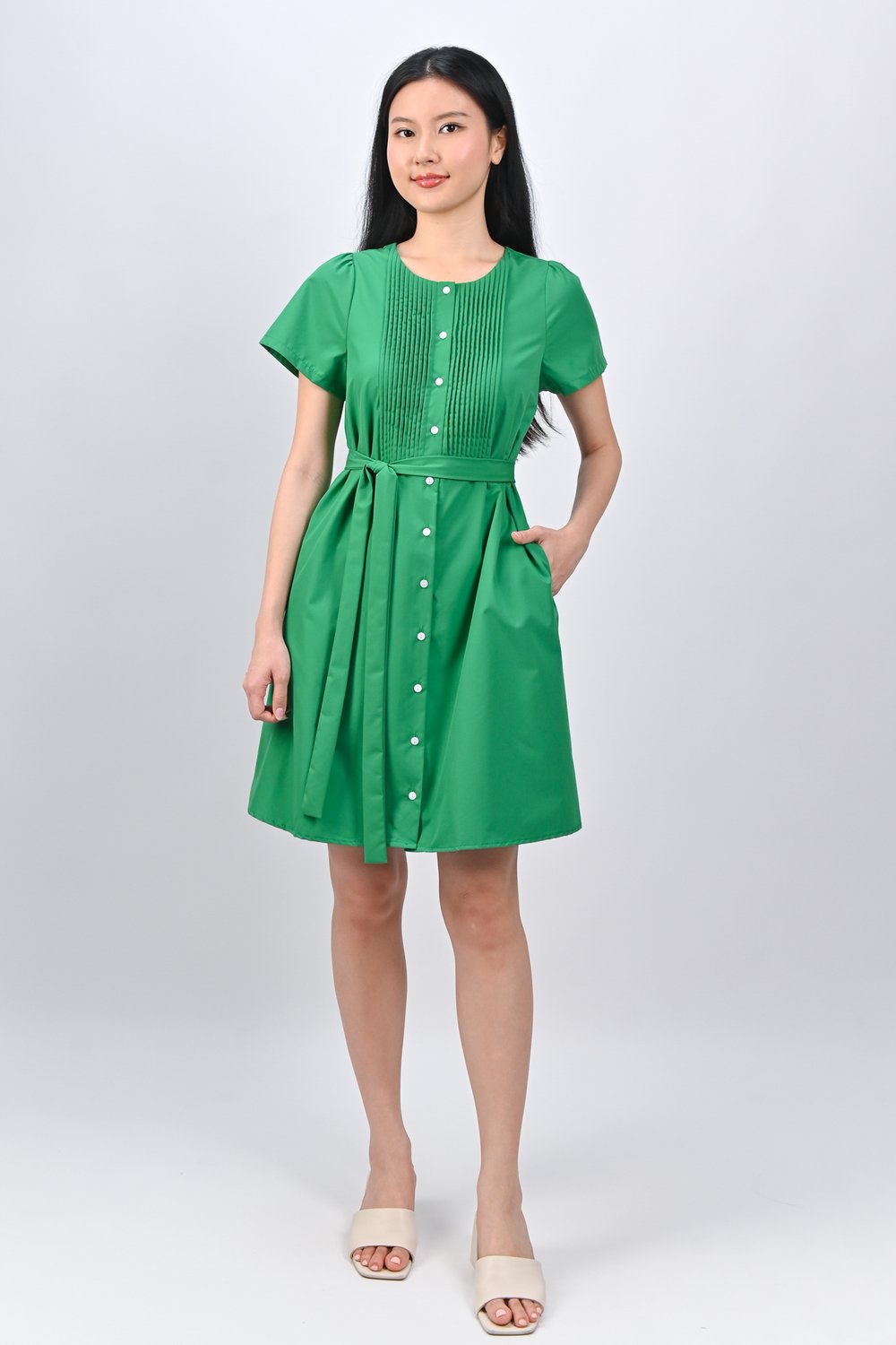 OPHYRA PINTUCK DRESS IN GREEN