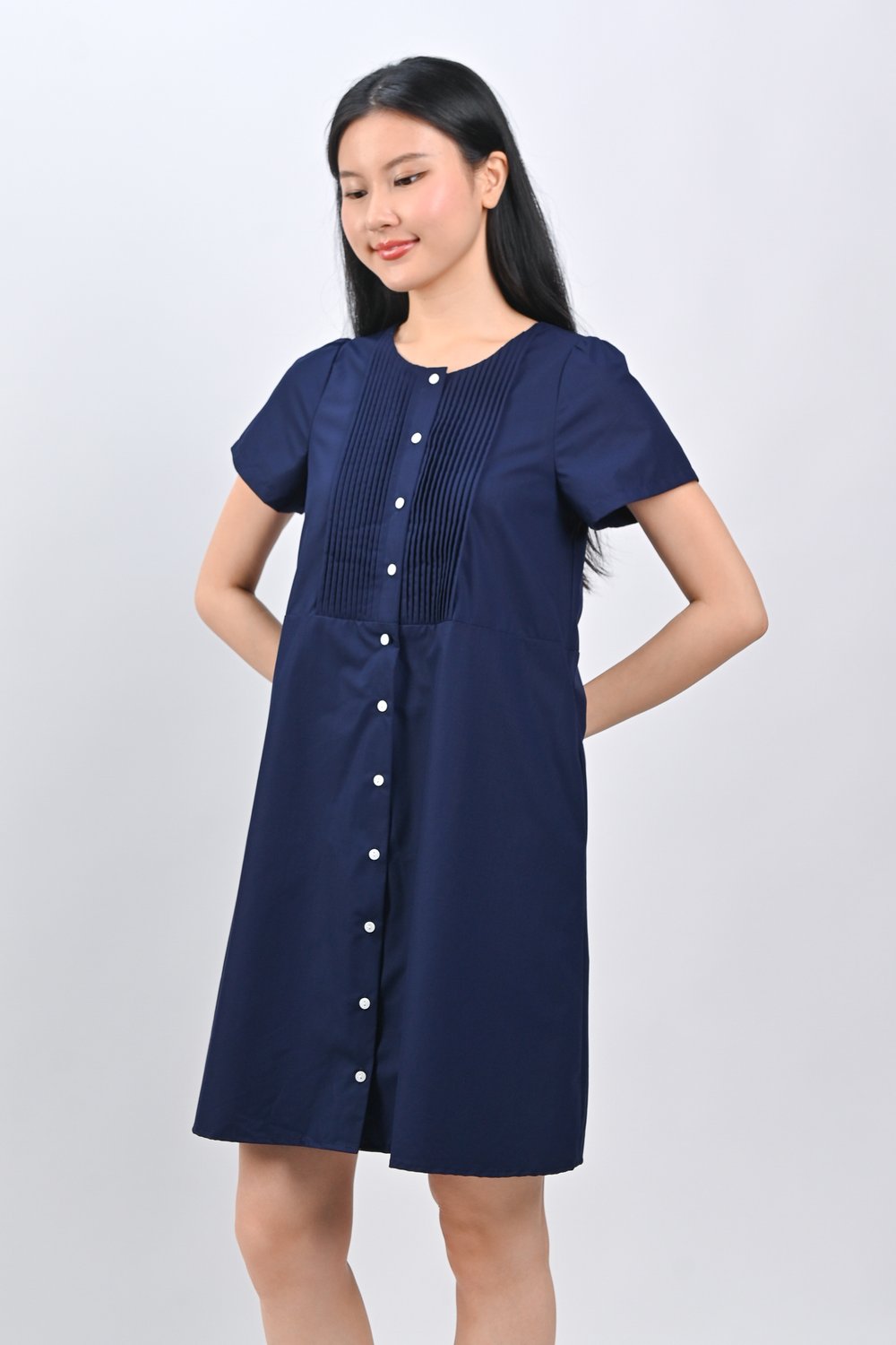 OPHYRA PINTUCK DRESS IN NAVY