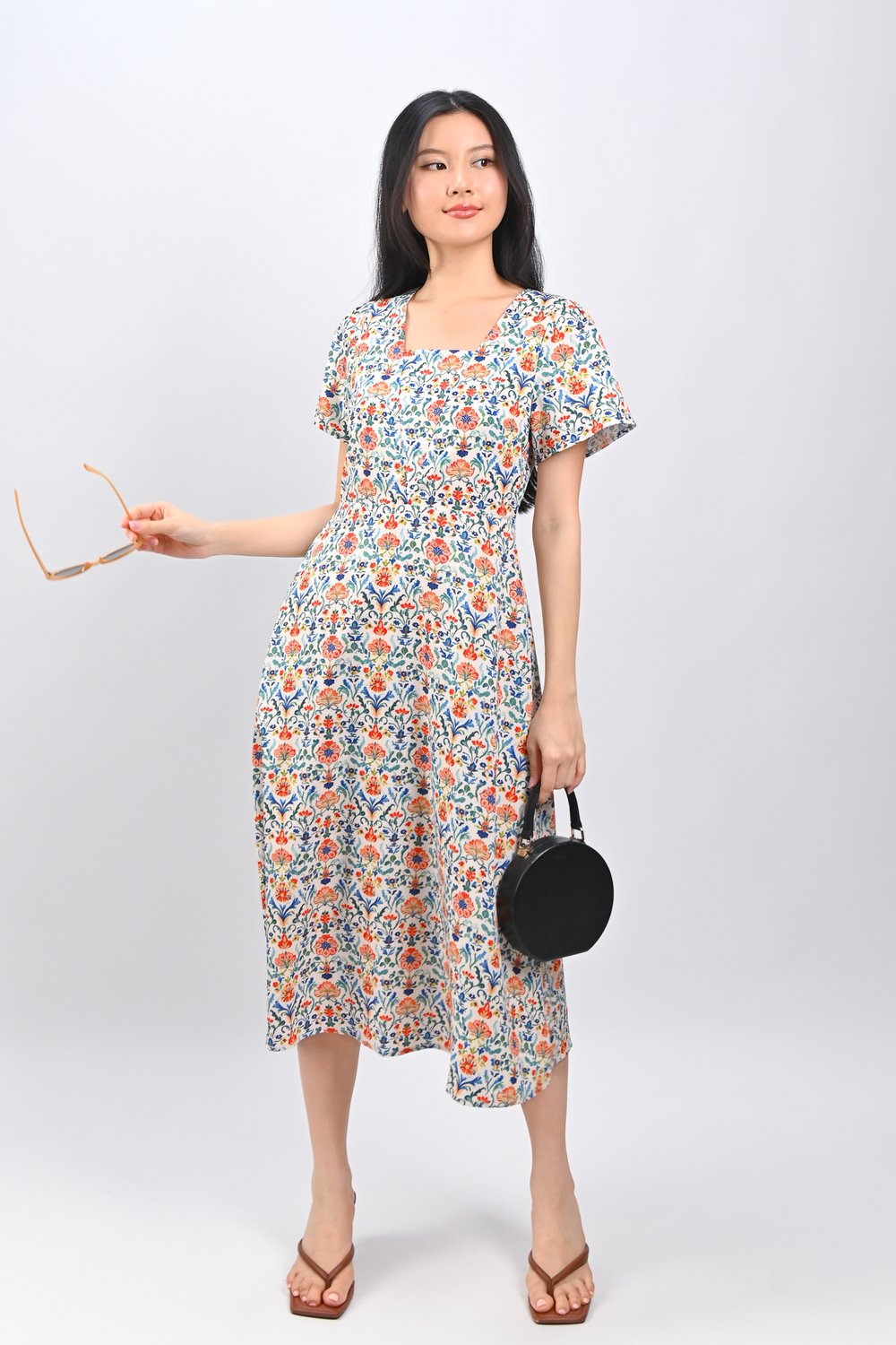 ELINDRA ORIENTAL BLOOMS SLEEVED PANELLED DRESS