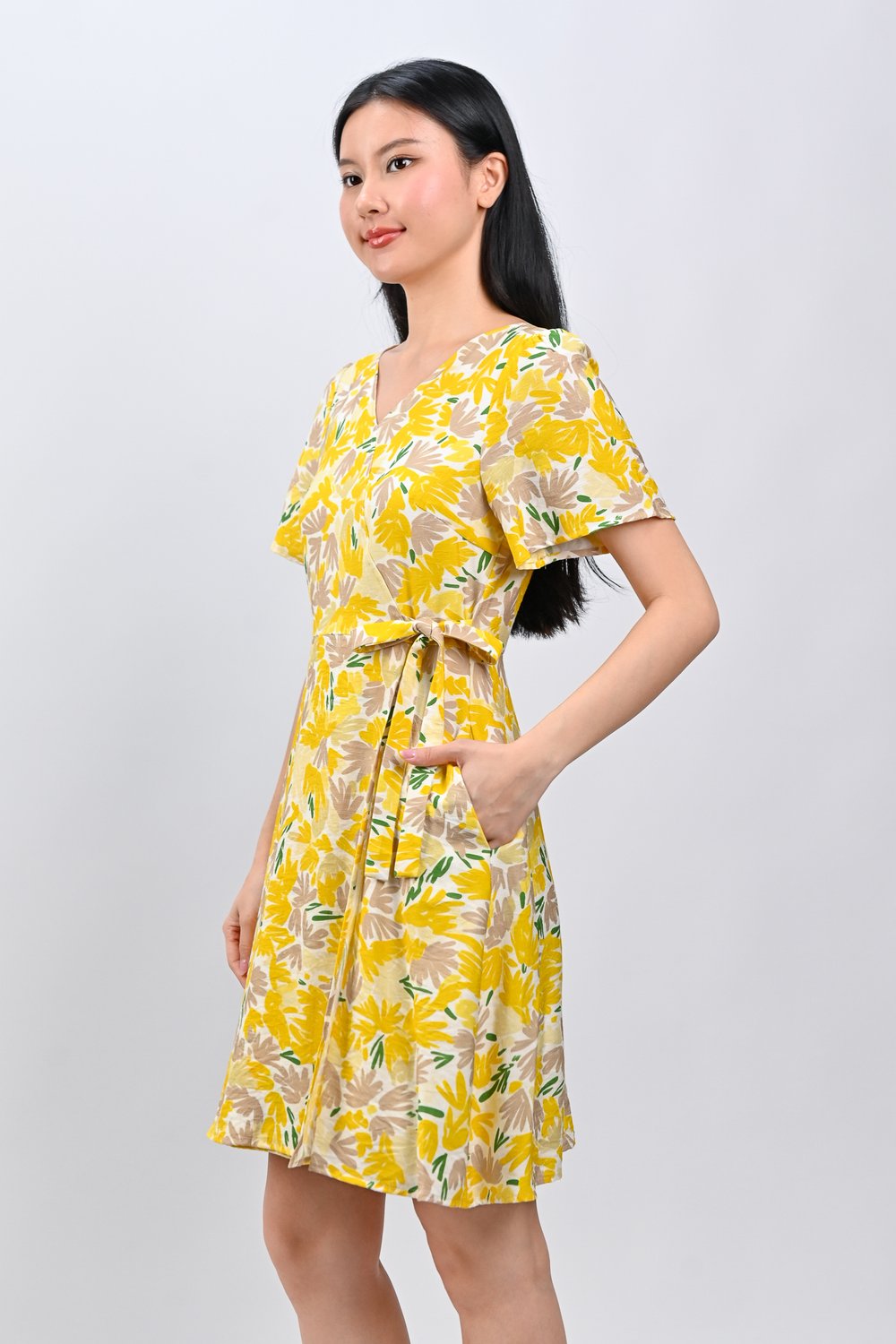 KALYRA FAUX-WRAP SLEEVED DRESS IN YELLOW