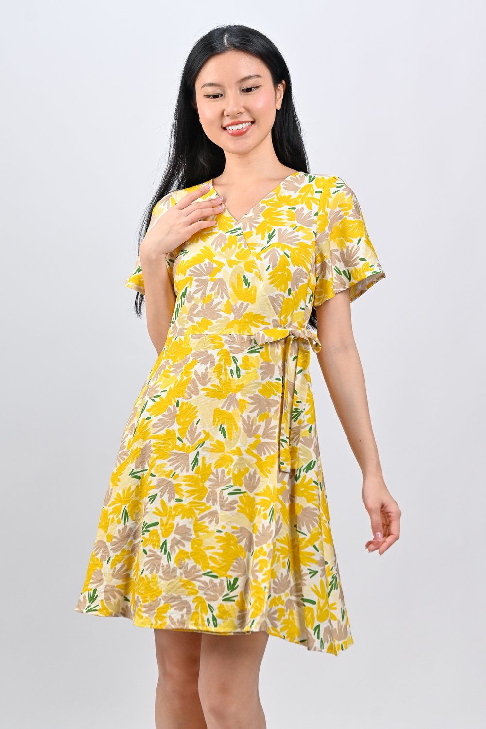 KALYRA FAUX-WRAP SLEEVED DRESS IN YELLOW
