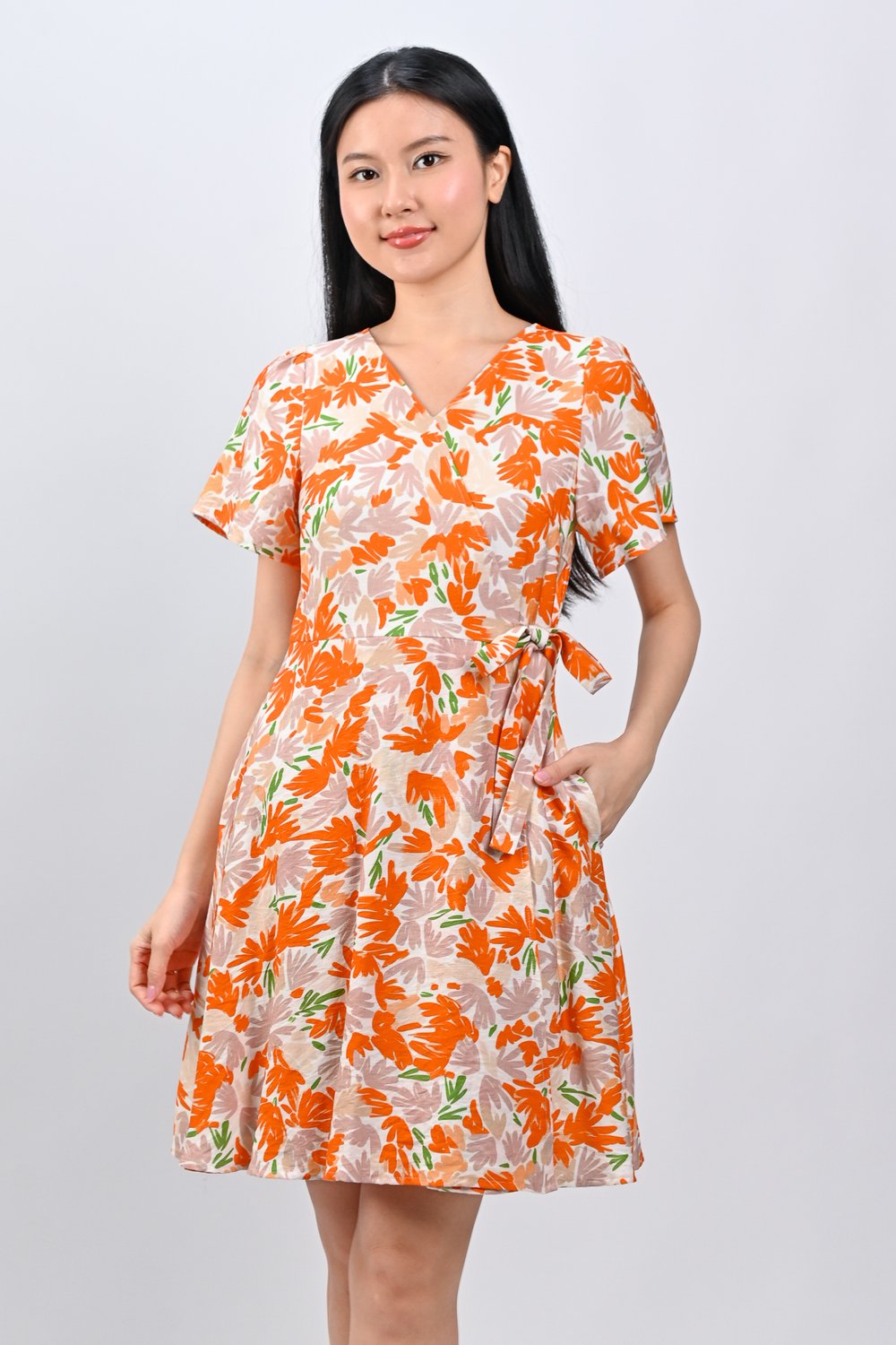 KALYRA FAUX-WRAP SLEEVED DRESS IN ORANGE