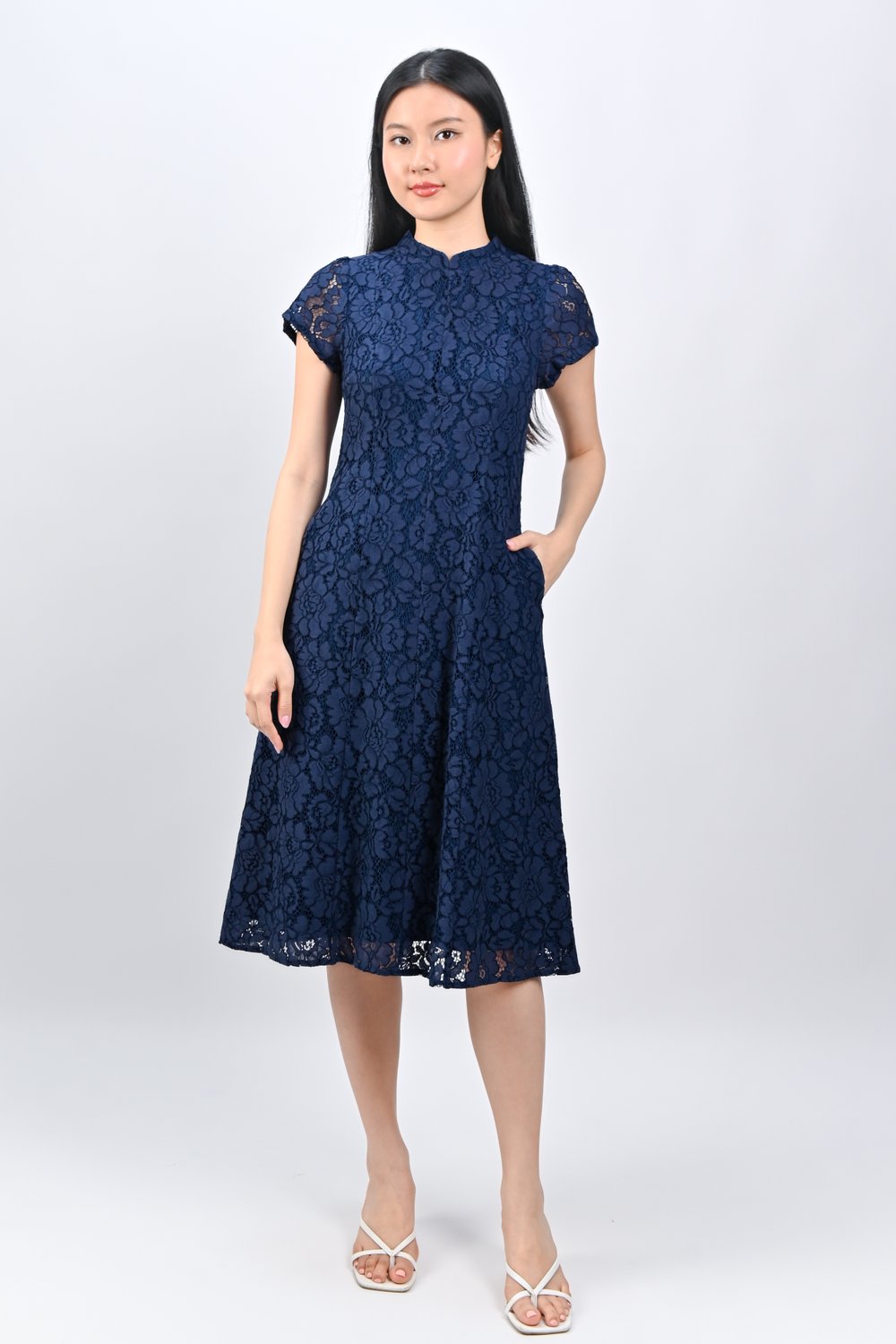 ENCI NAVY LACE SLEEVED CHEONGSAM DRESS