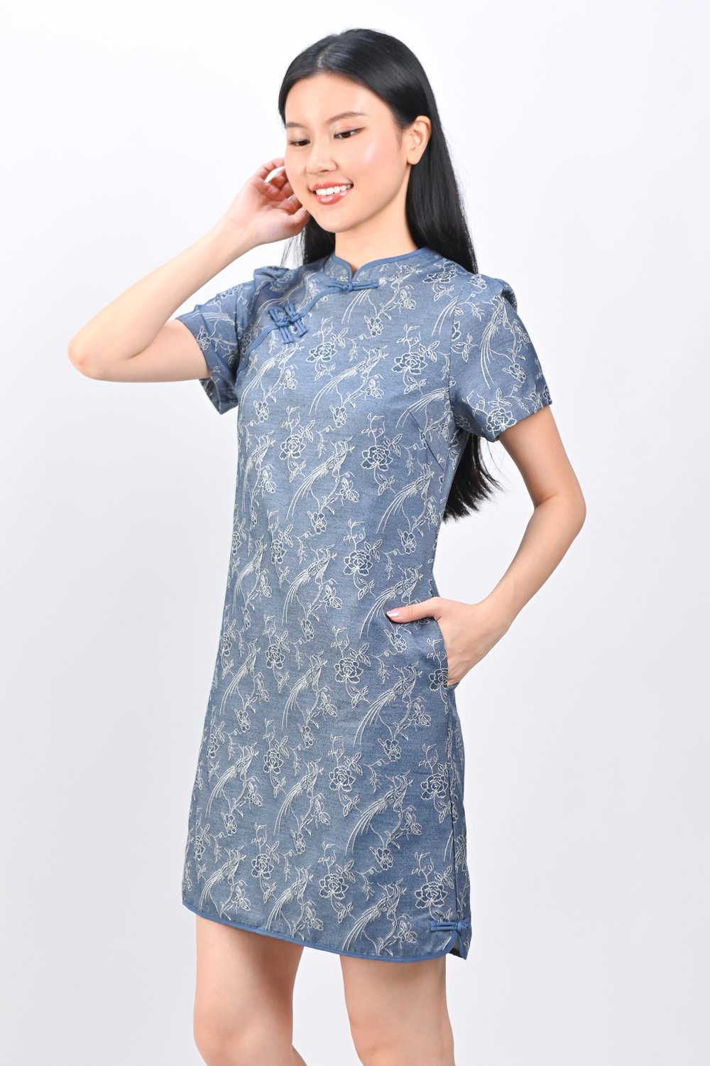 XINNI DENIM FLORAL CHEONGSAM DRESS