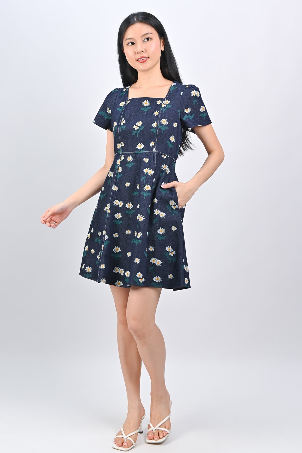 ZERENYA DENIM FLORAL SQUARE-NECK DRESS IN DARK-WASH