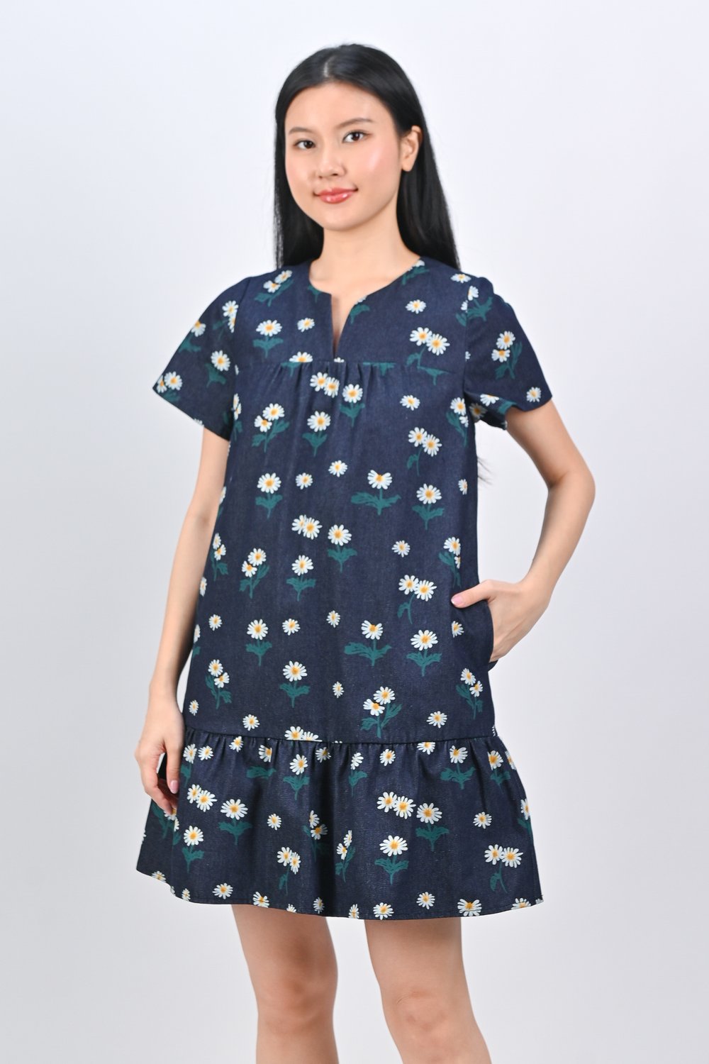YALARA DENIM FLORAL NOTCHED-NECK DRESS IN DARK-WASH