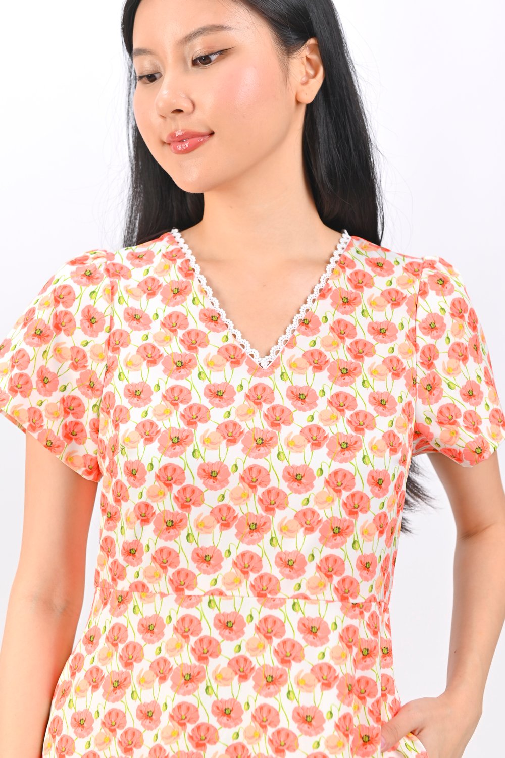 POPPY GARDEN LACE-TRIMMING SLEEVED MIDI DRESS